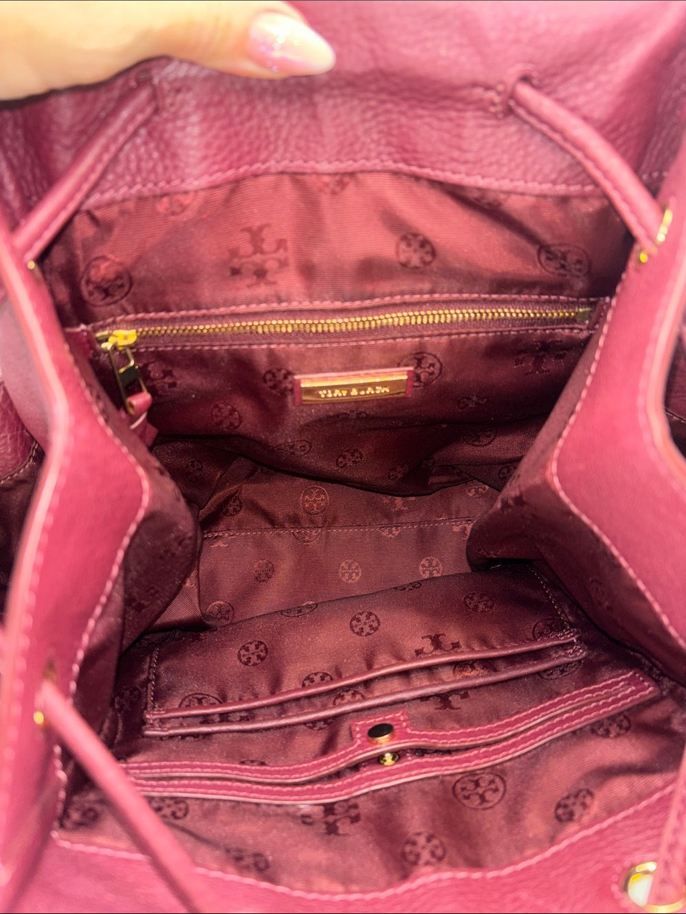 Tory Burch Wine Leather Drawstring Backpack with Gold Logo - Picture 9 of 16